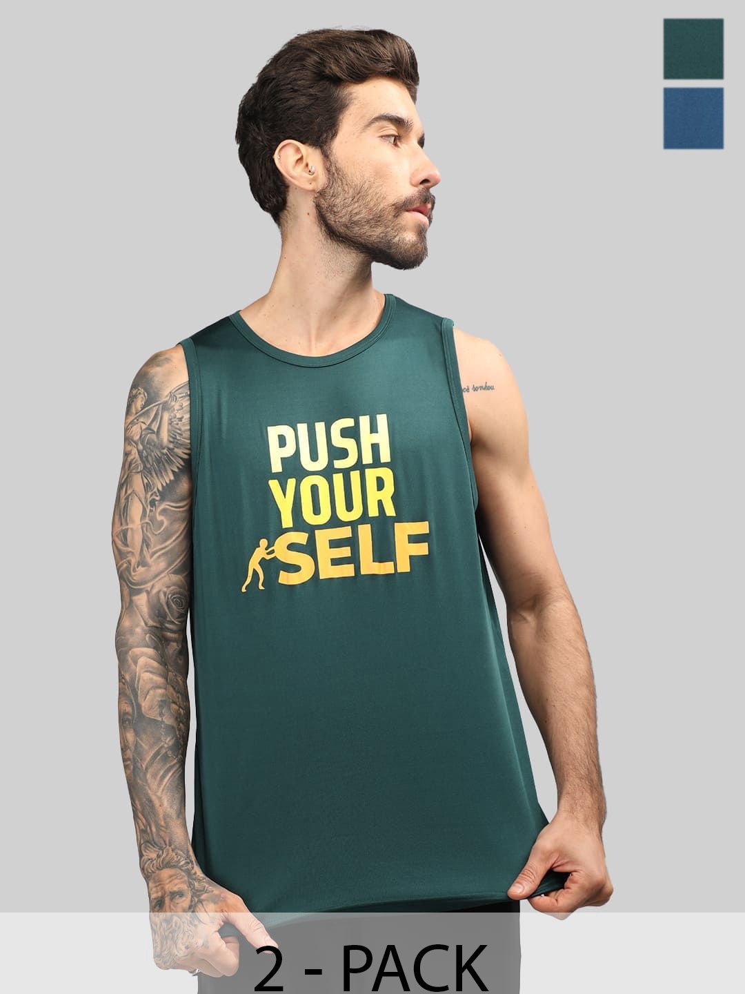

CHKOKKO Pack Of 2 Men Typography Printed Round Neck Sleeveless T-shirt, Green