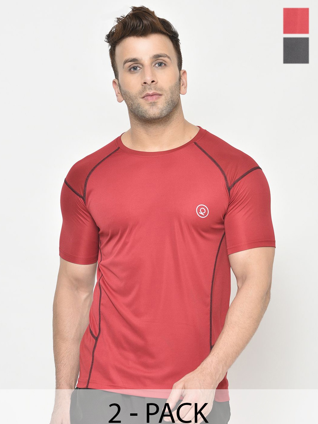 

CHKOKKO Pack Of 2 Men Solid Round Neck T-shirt, Red
