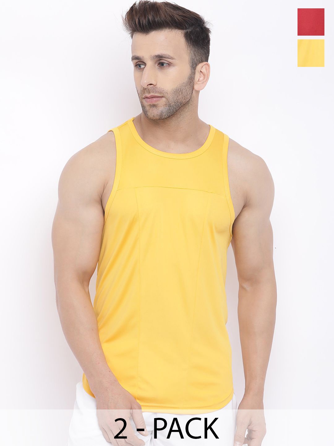 

CHKOKKO Pack Of 2 Men Solid Round Neck Sleeveless T-shirt, Yellow