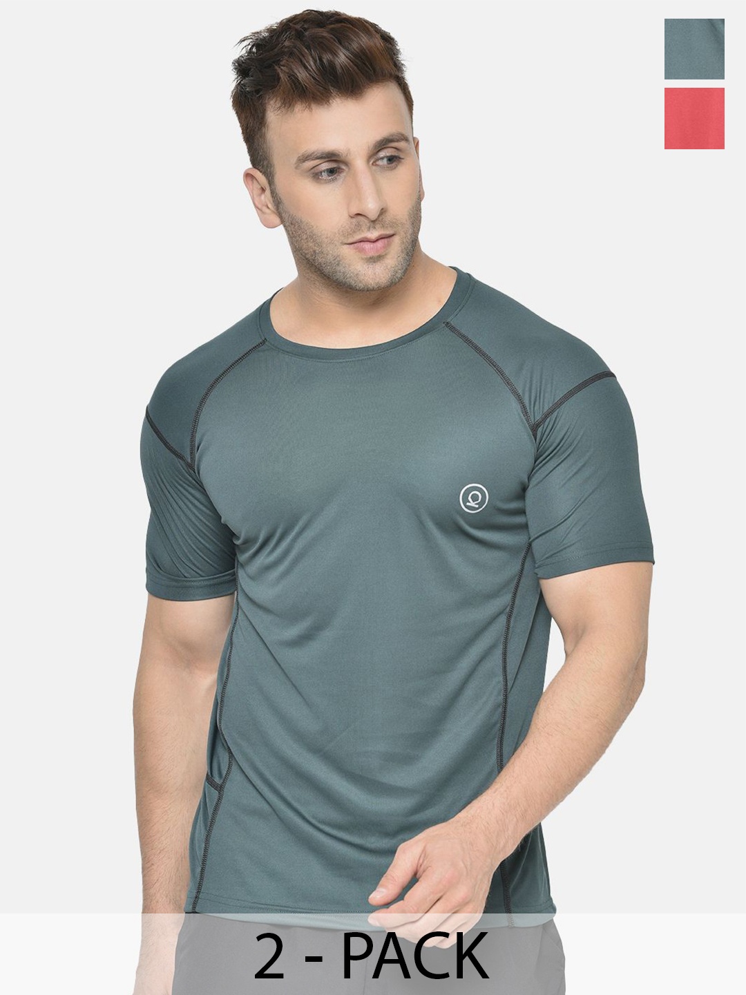 

CHKOKKO Pack Of 2 Men Solid Round Neck T-shirt, Green