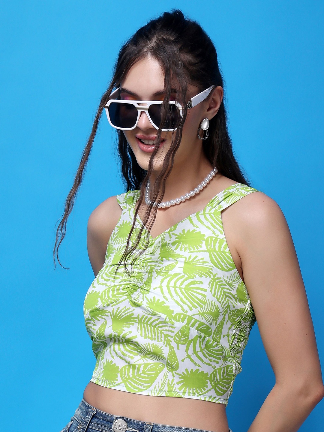 

Popwings Tropical Print Crop Top, Lime green