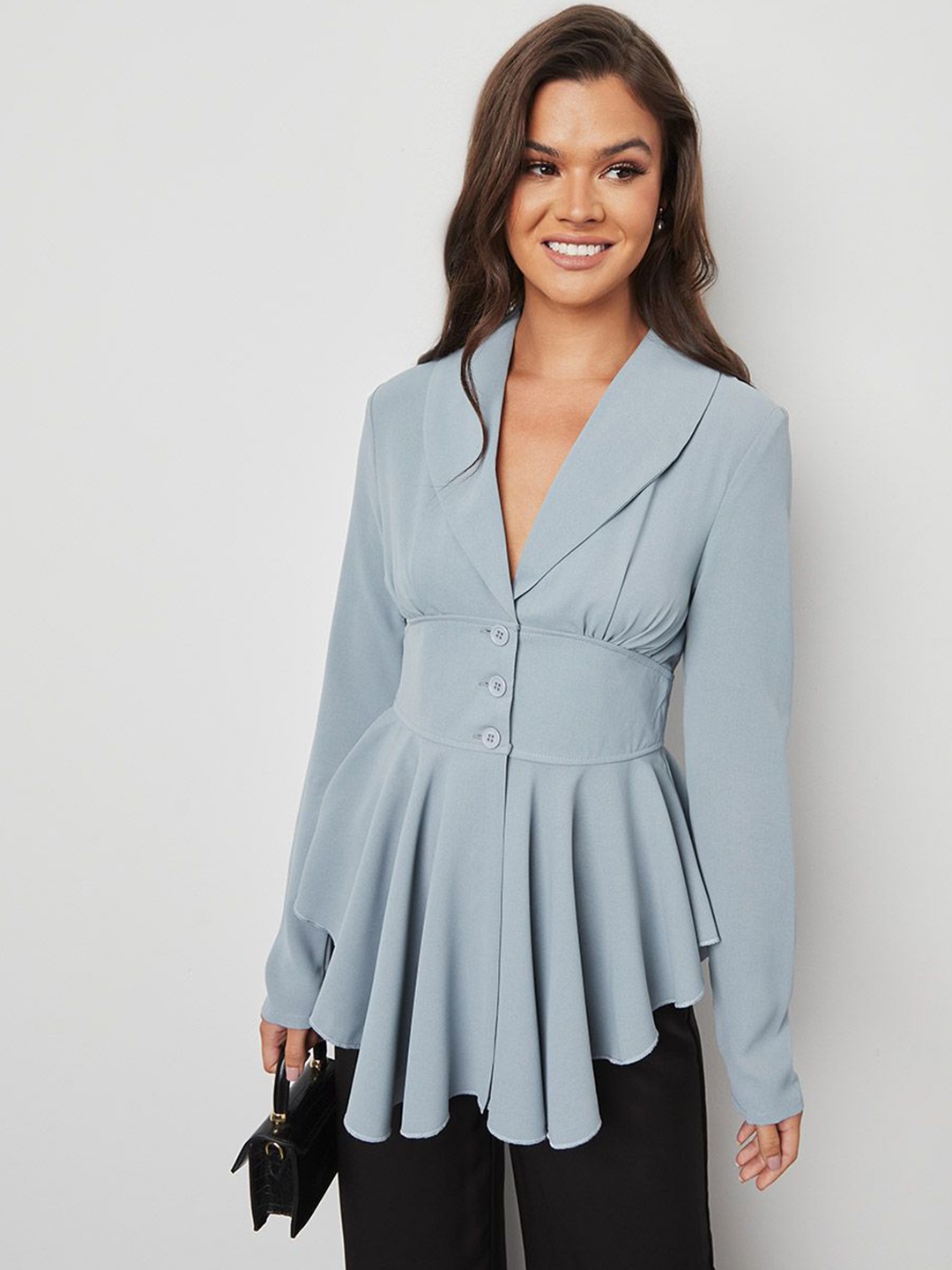

Styli Women Pleated Hem Button Detail Blazer, Blue