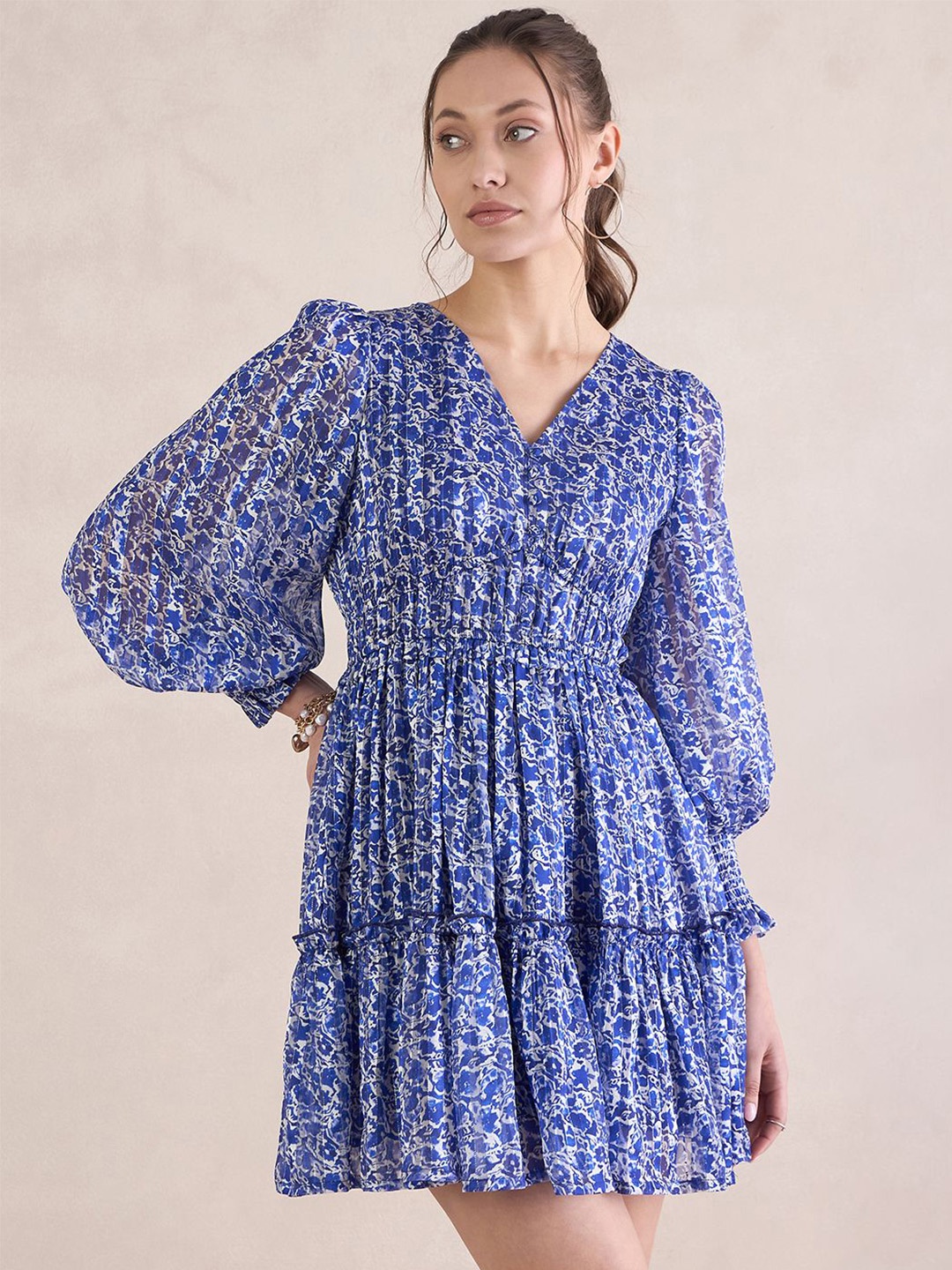 

FEMMELLA Women Floral Print Puff Sleeve Fit & Flare Dress, Blue