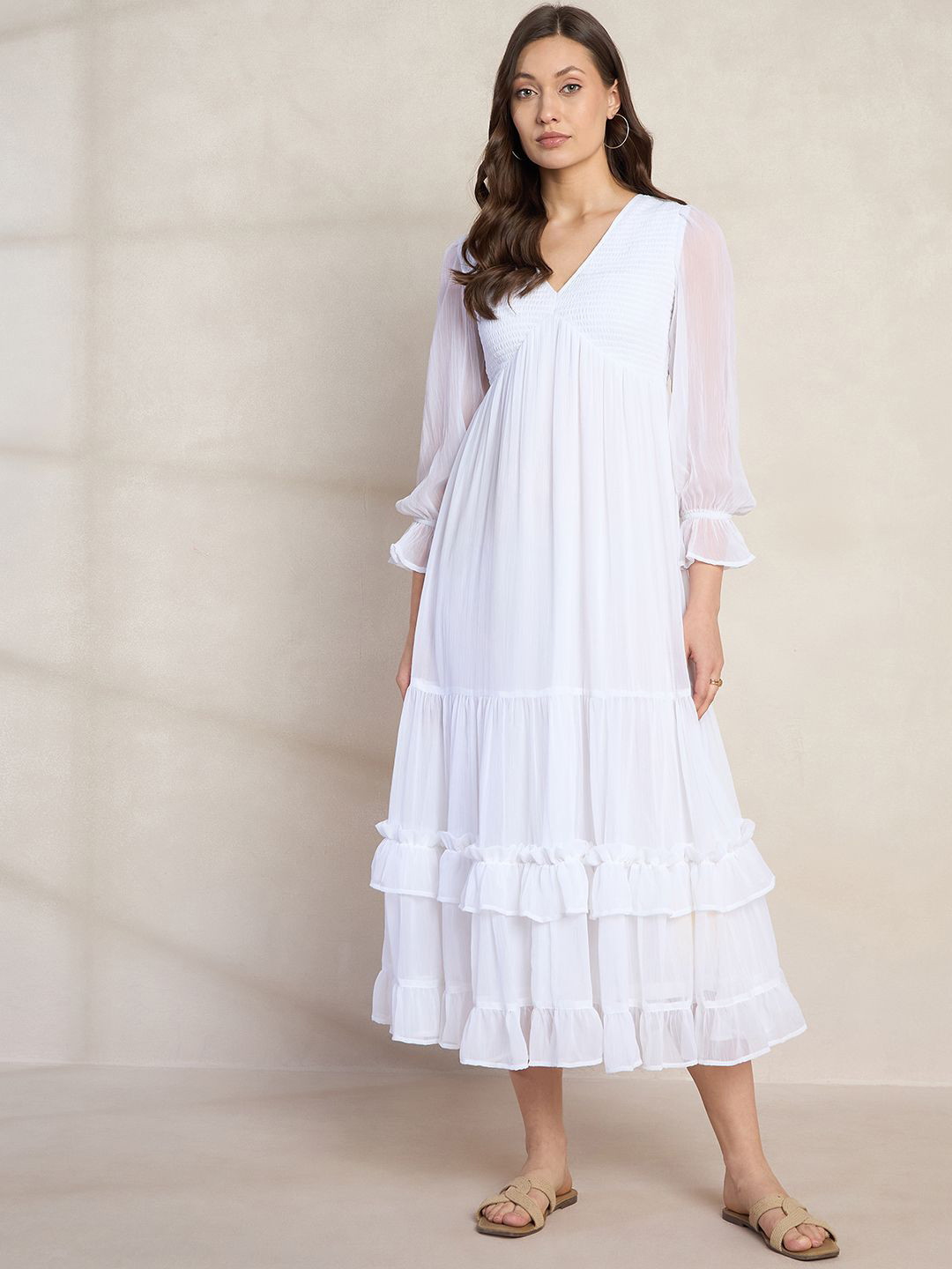 

FEMMELLA Women Bell Sleeve A-Line Midi Dress, White