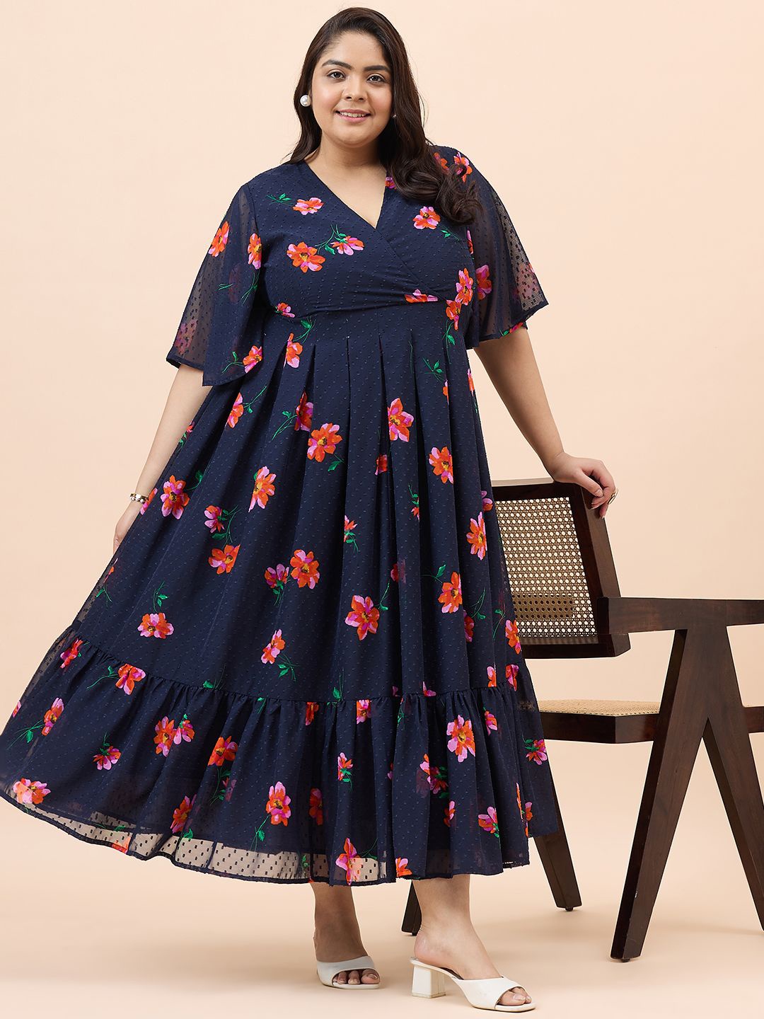 

FEMMELLA Women Floral Print Flared Sleeve Maxi Wrap Dress Plus Size, Navy blue