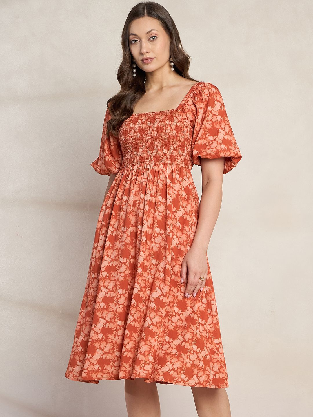 

FEMMELLA Women Floral Print Puff Sleeve Fit & Flare Dress, Orange