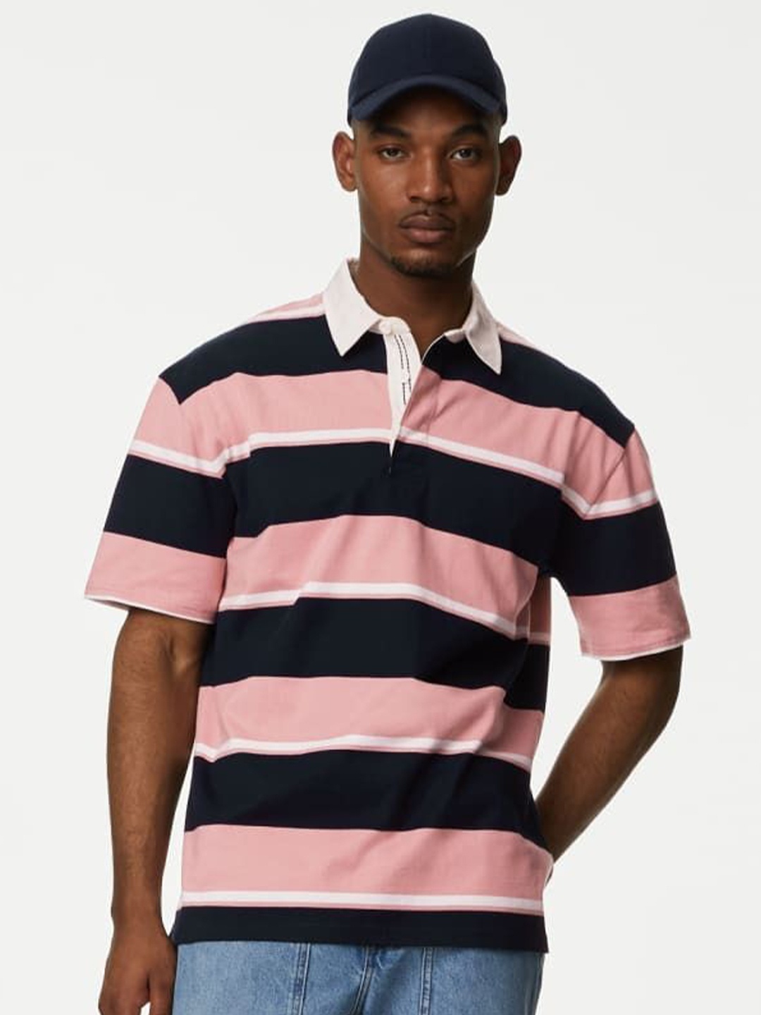 

Marks & Spencer Men Striped Polo Collar Applique T-shirt, Pink