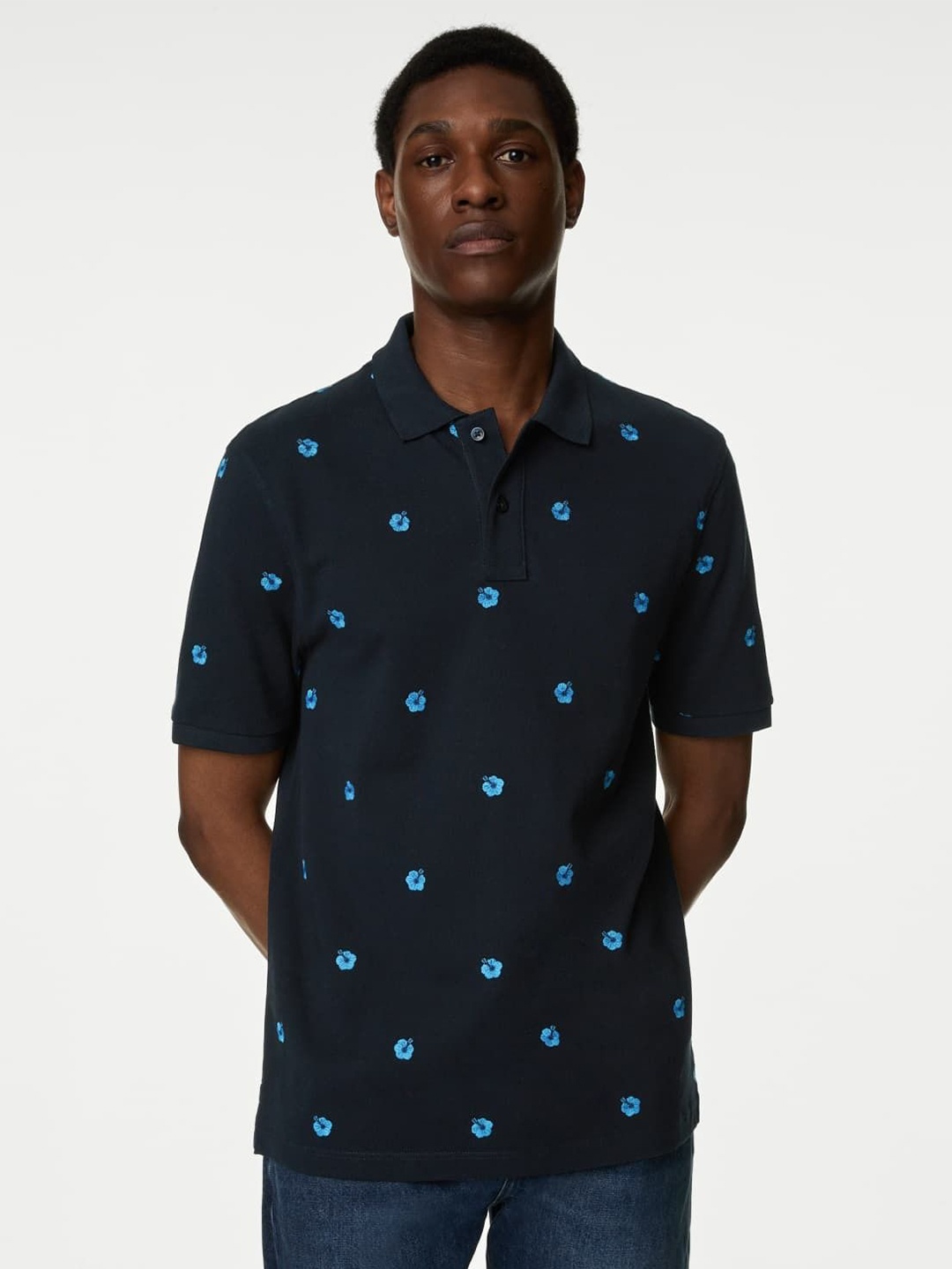 

Marks & Spencer Men Embroidered Pure Cotton Polo Collar T-shirt, Navy blue