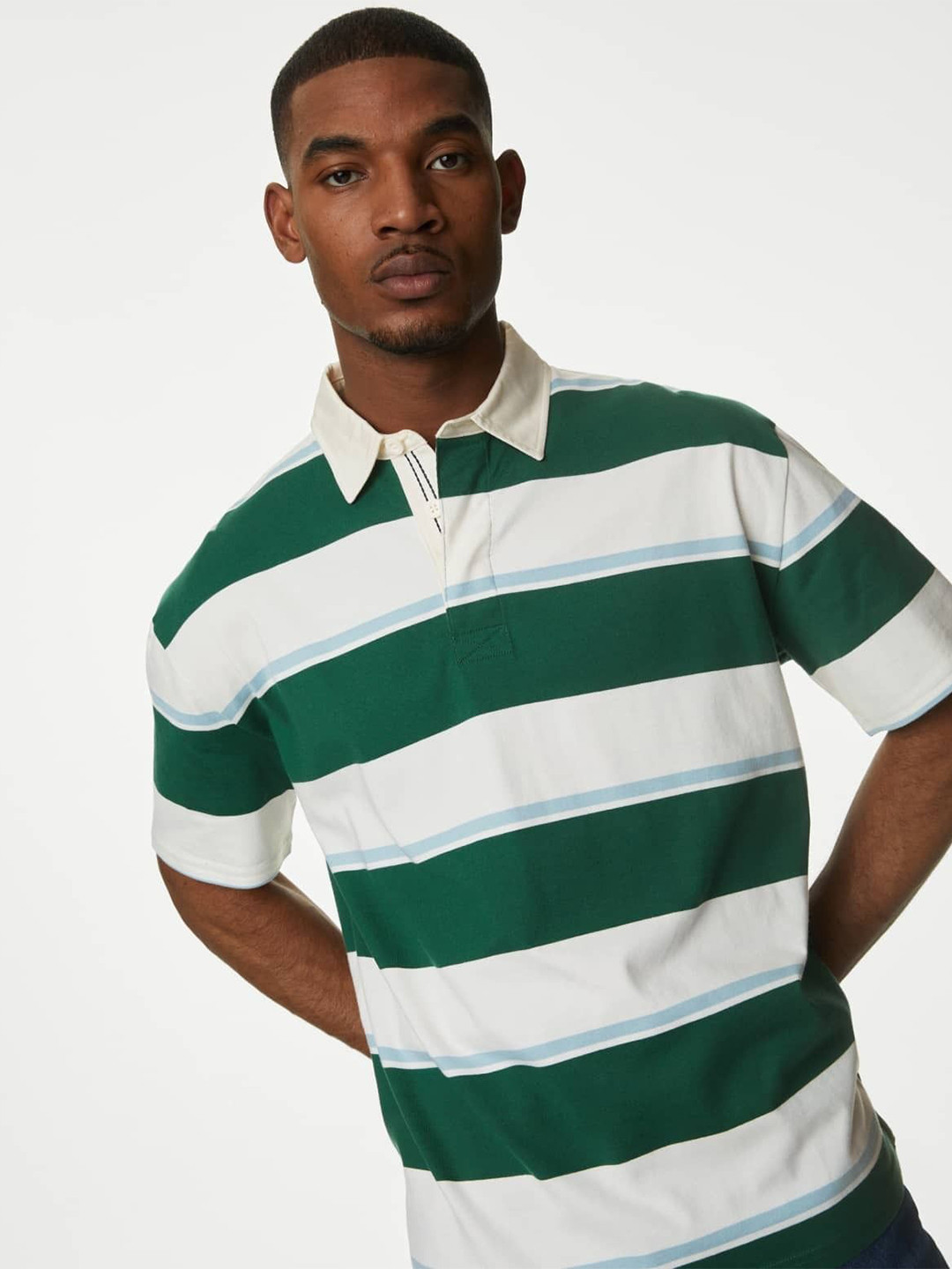 

Marks & Spencer Men Striped Cotton Polo Collar T-shirt, Green