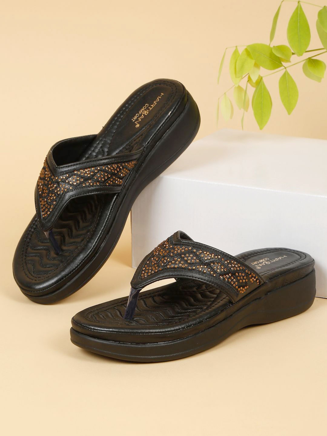 

HARTIGAN Embroidered Open Toe Wedge Heels, Black