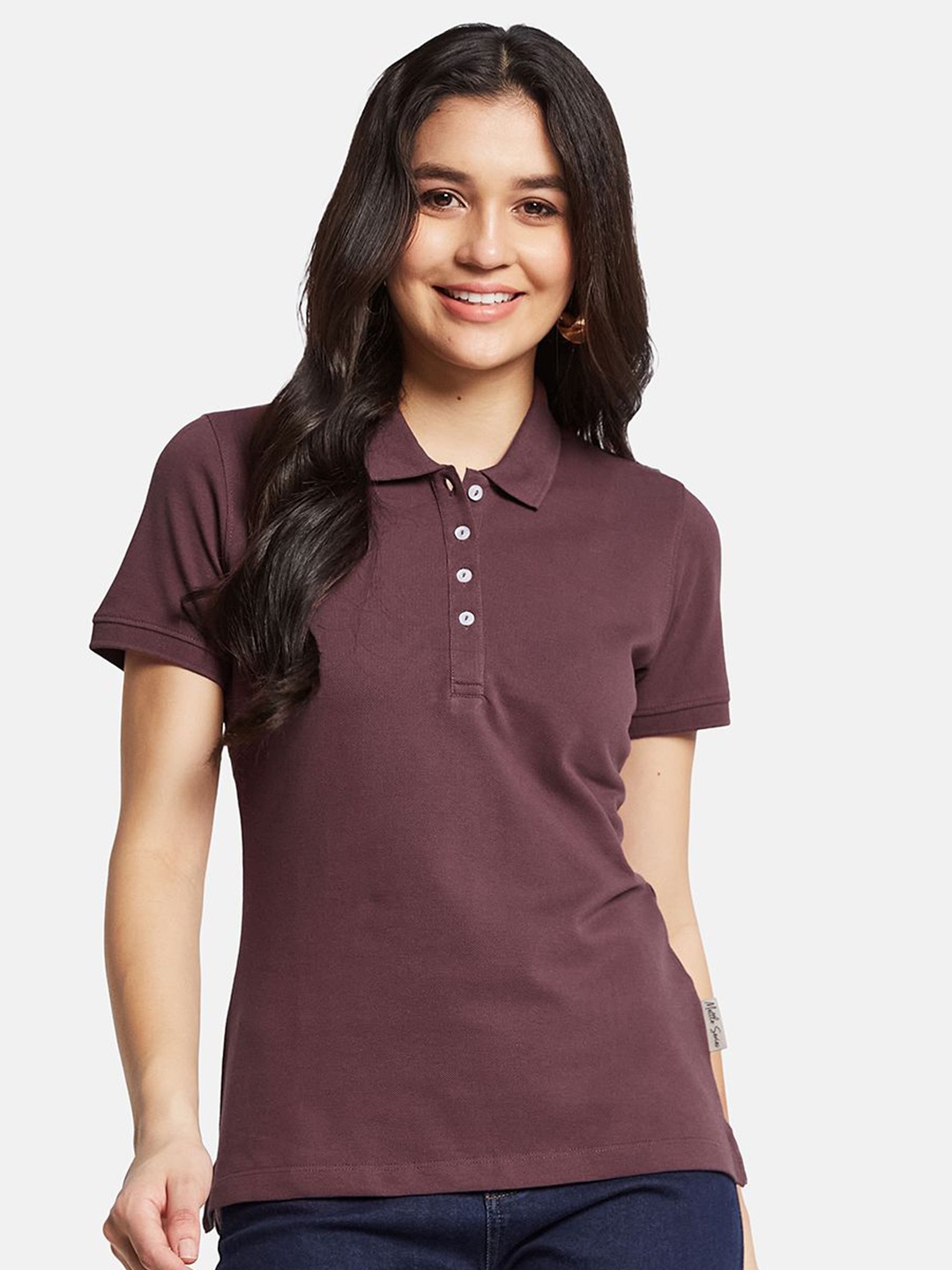 

METTLE Women Polo Collar Solid T-shirt, Maroon