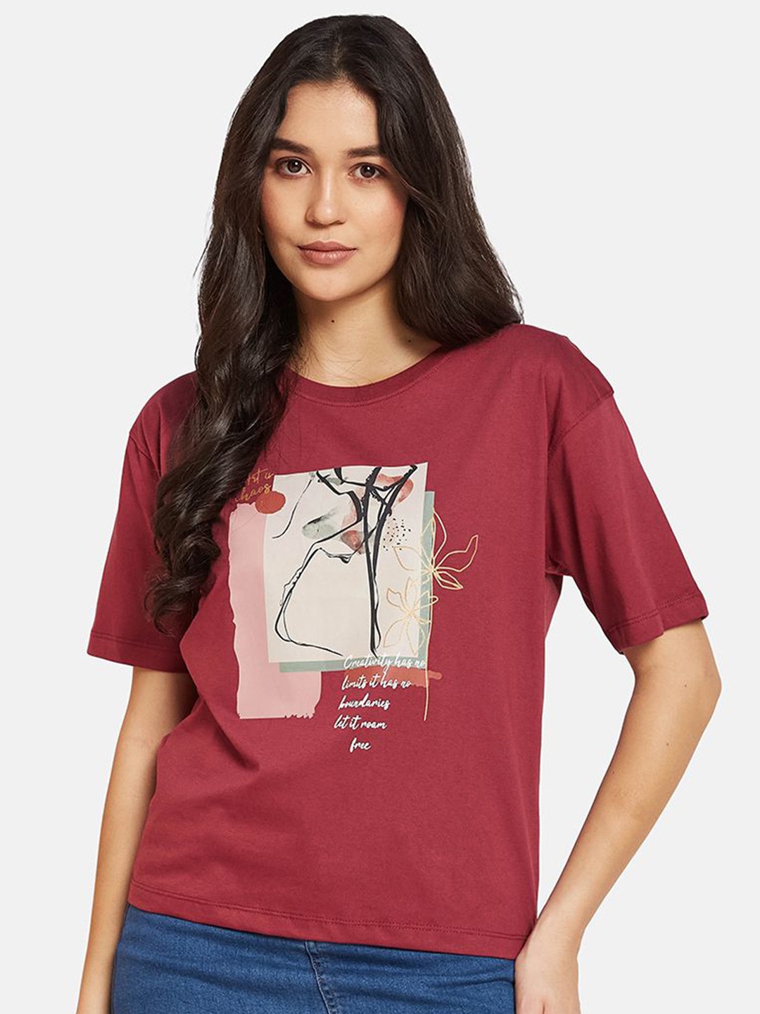 

METTLE Women Floral Printed T-shirt, Maroon