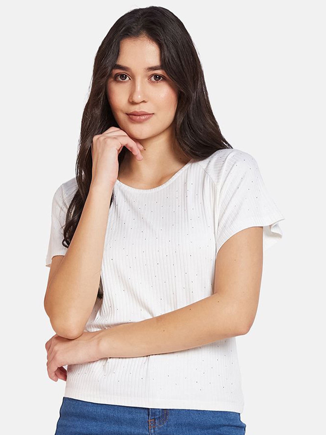 

METTLE Women Round Neck Embellished T-shirt, White