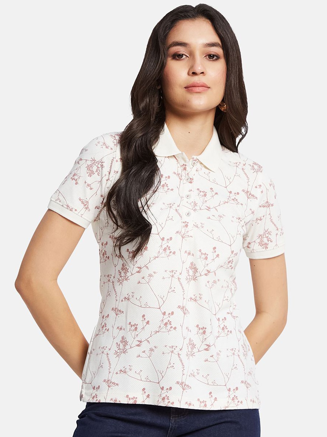 

METTLE Women Floral Printed Polo Collar T-shirt, Maroon