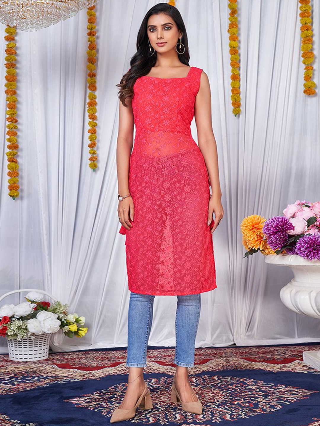 

Classy Couture Square Neck Sleeeless Chikankari Straight Kurta, Magenta