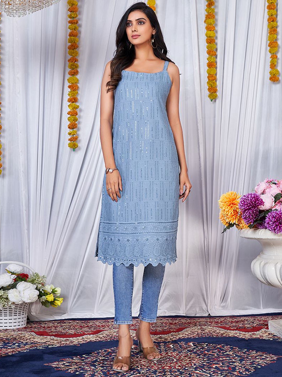 

Classy Couture Round Neck Sequinned Georgette Kurta, Grey