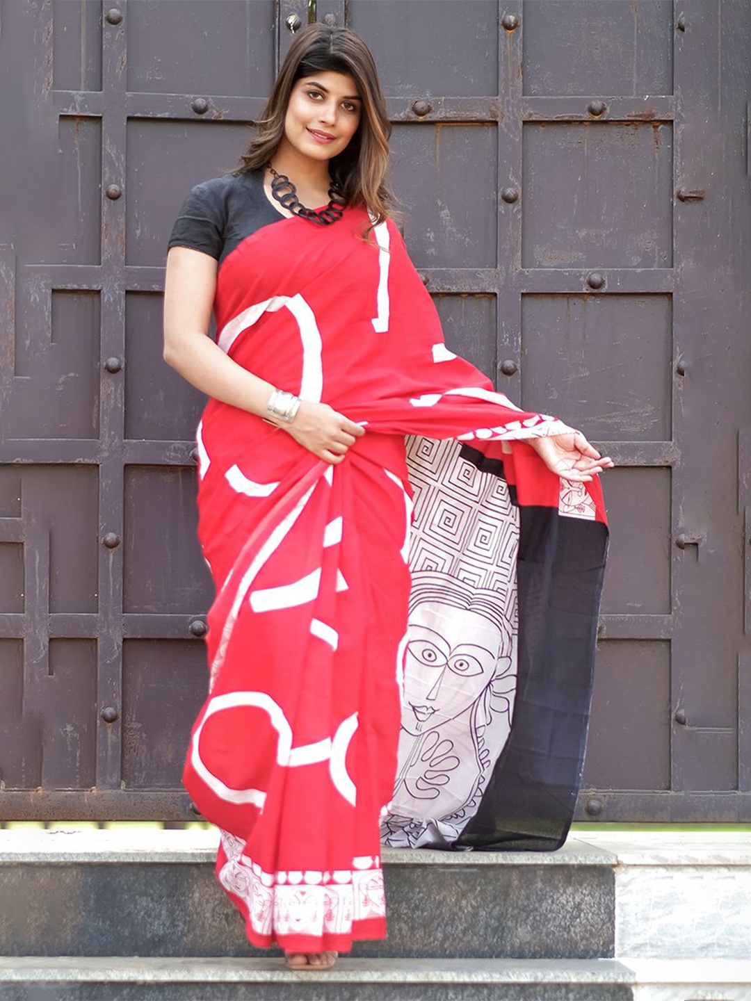

JAIPURI PRINT Tie and Dye Pure Cotton Block Print Saree, Red