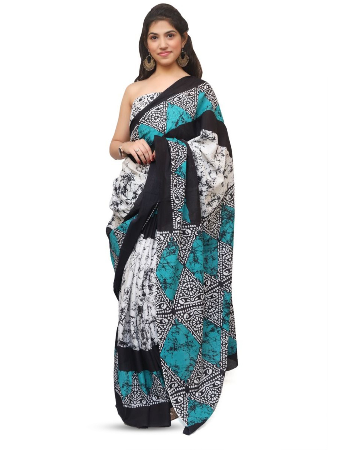 

JAIPURI PRINT Batik Pure Cotton Block Print Saree, Blue