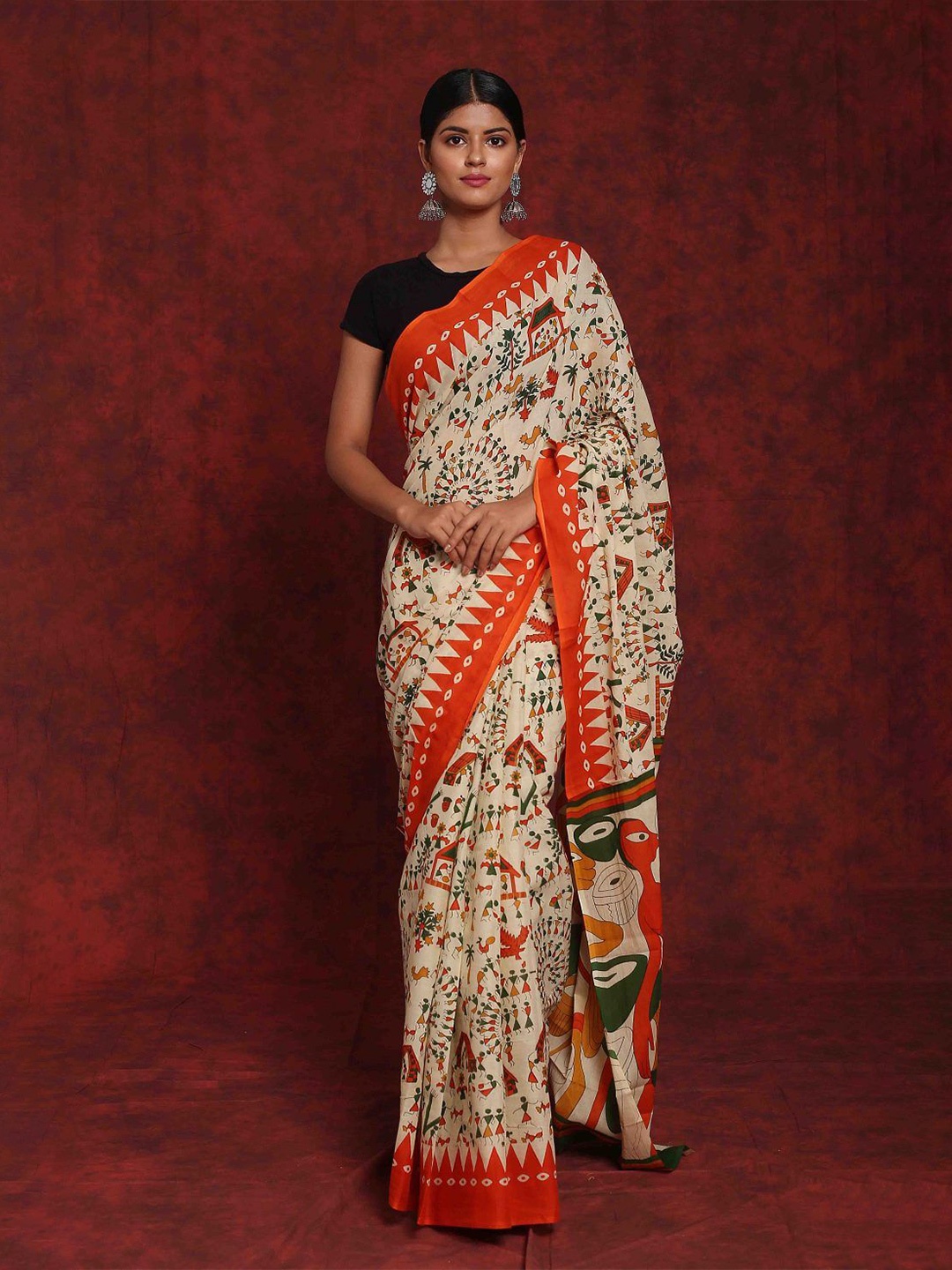 

JAIPURI PRINT Warli Pure Cotton Block Print Saree, Orange