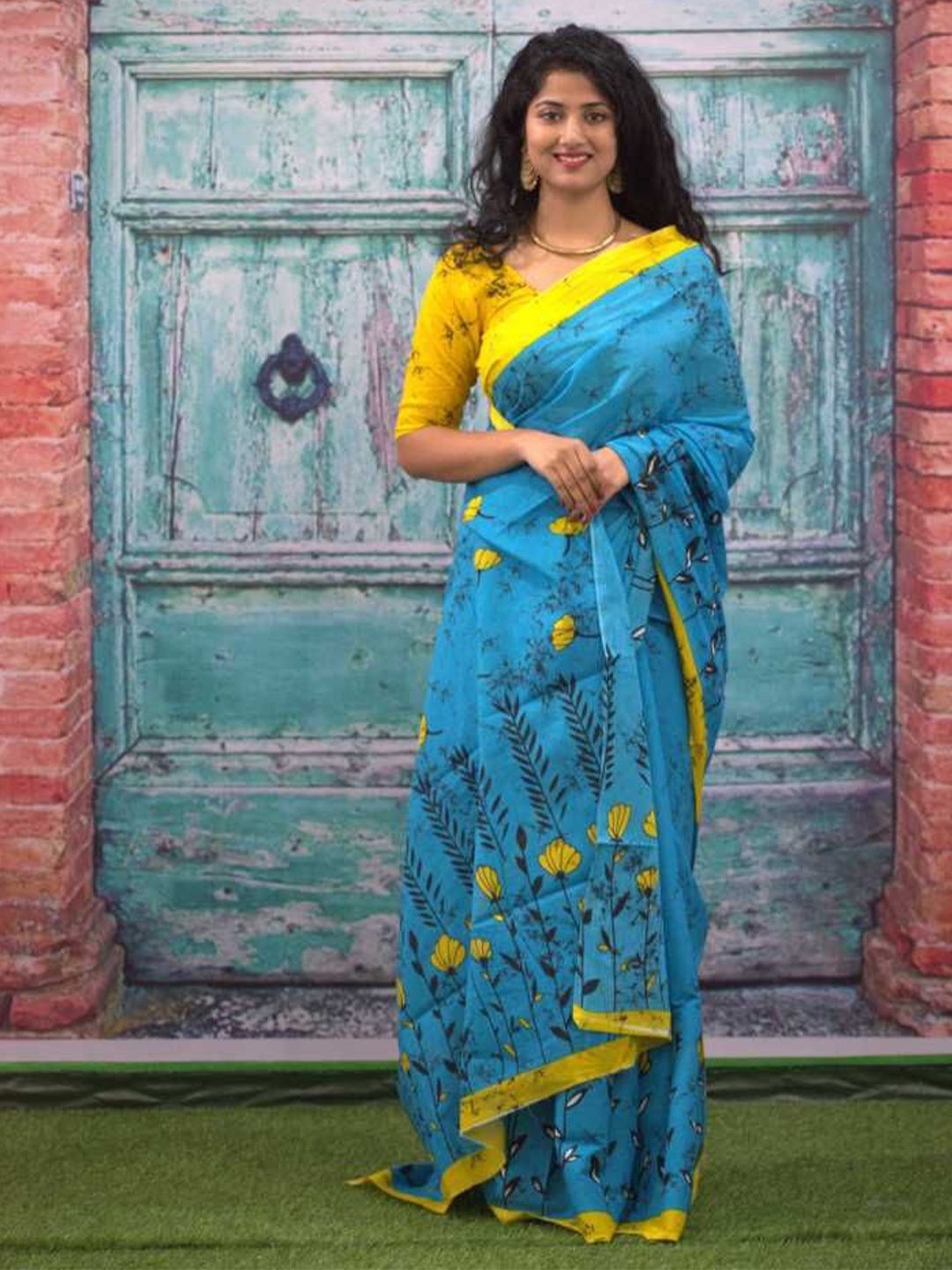 

JAIPURI PRINT Tie and Dye Pure Cotton Block Print Saree, Blue