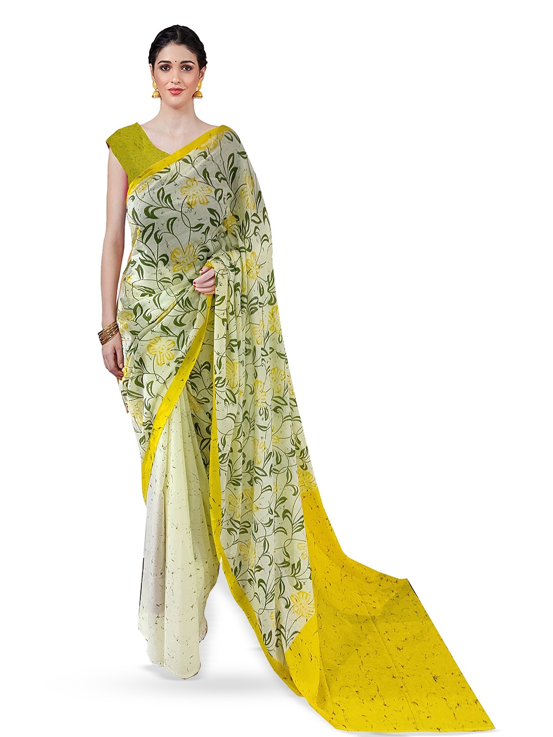 

JAIPURI PRINT Floral Pure Cotton Block Print Saree, Yellow