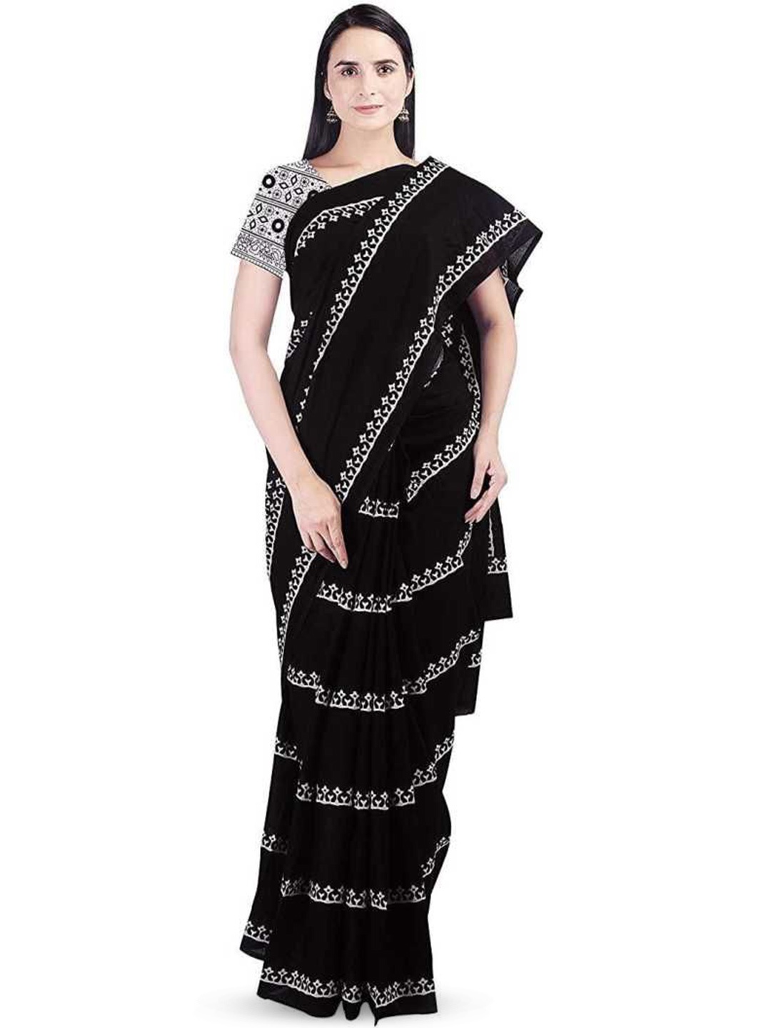 

JAIPURI PRINT Ethnic Motifs Pure Cotton Block Print Saree, Black