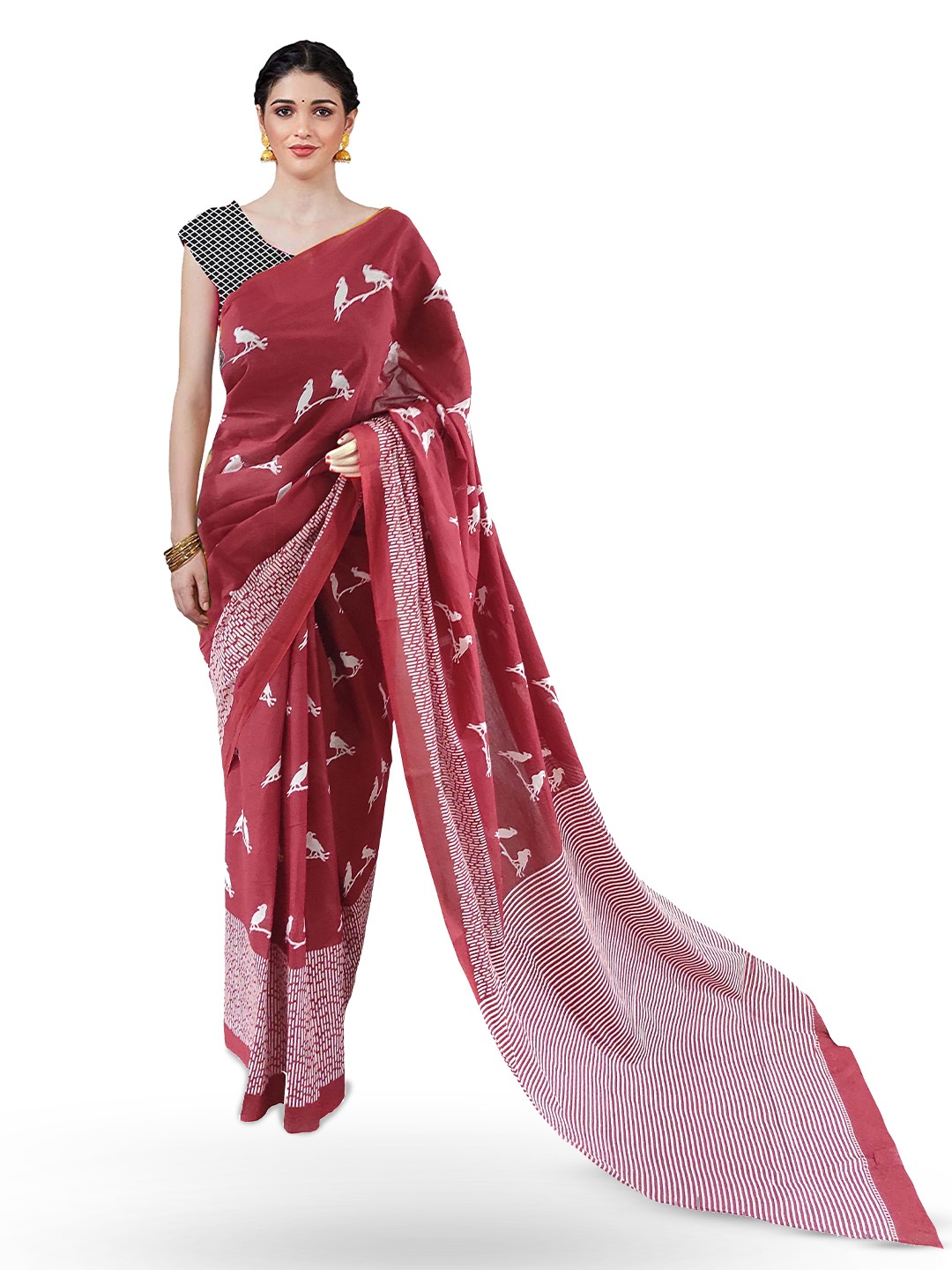 

JAIPURI PRINT Ethnic Motifs Pure Cotton Block Print Saree, Maroon