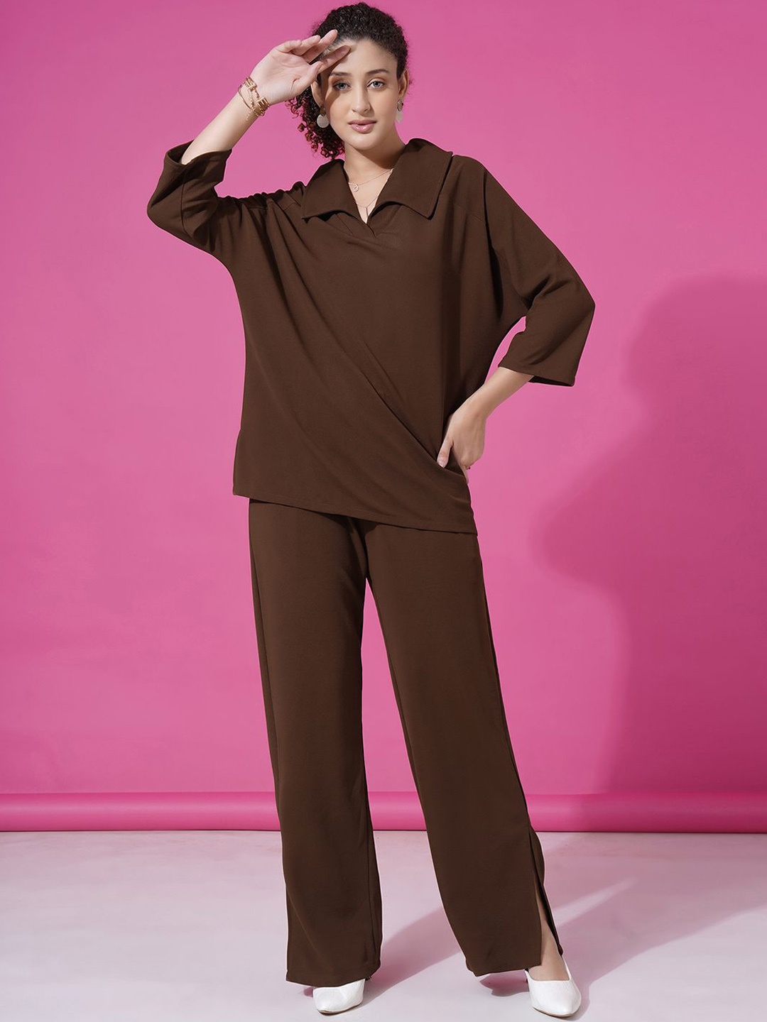 

Selvia Shirt Collar Top With Trousers, Brown