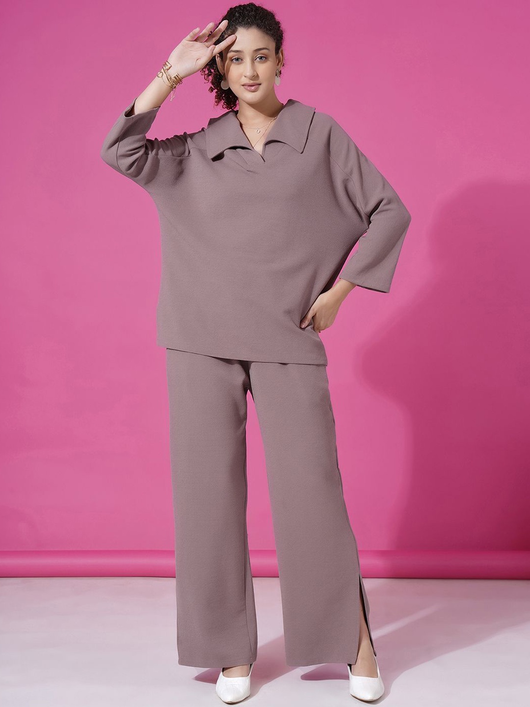 

Selvia Shirt Collar Top With Trousers, Mauve