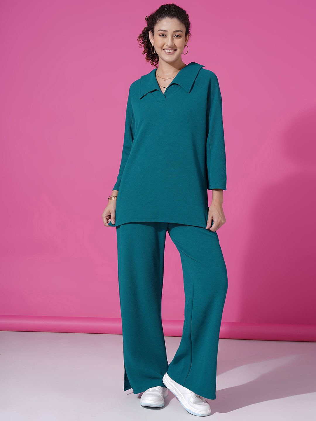 

Selvia Shirt Collar Top With Trousers Co-Ords, Blue