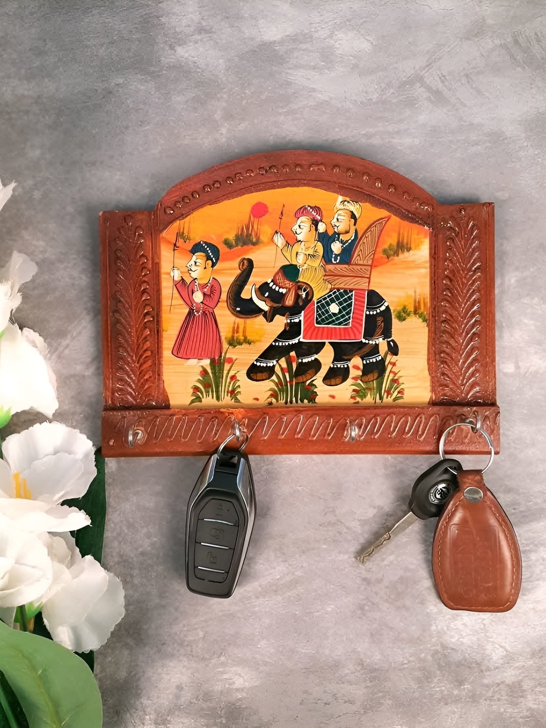 

apka mart Brown & Yellow Ethnic Motifs Wooden Wall Hooks Key Holder