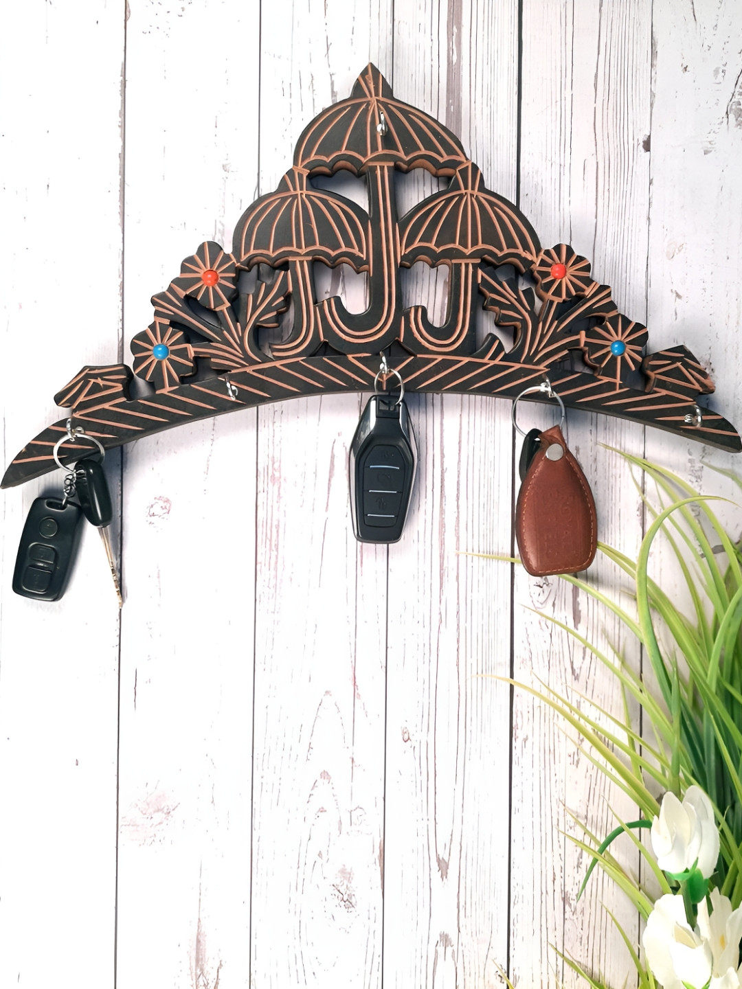 

apka mart Black & Brown Umbrella Design Wooden Wall Hooks Key Holder