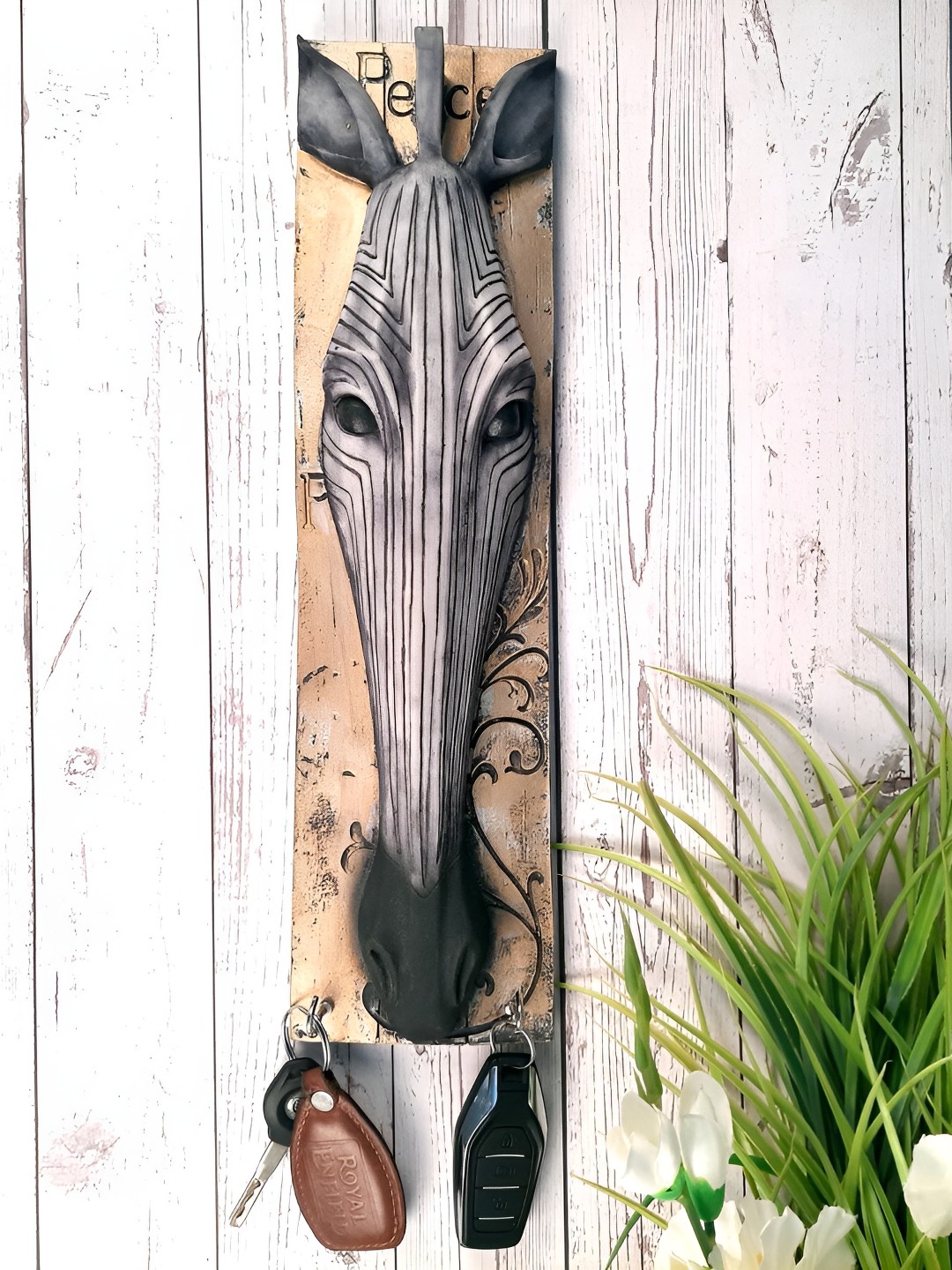 

apka mart Brown & Purple Zebra Design Wooden 1 To 3 Hooks Key Holder