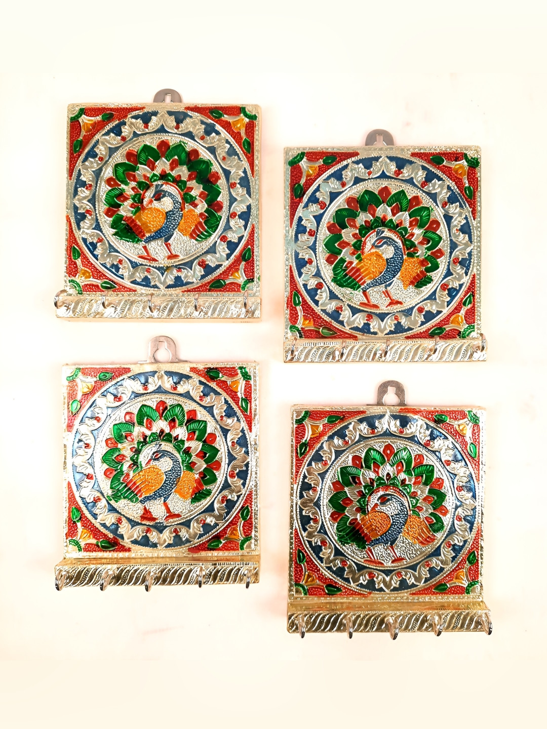 

apka mart White & Green 4 Pieces Wooden Minakari Design 4 To 6 Hooks Key Holders