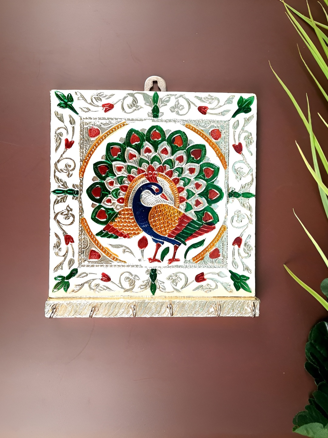 

apka mart White & Green Wooden Minakari Design 4 To 6 Hooks Key Holder