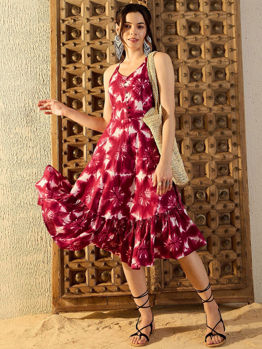 

MABISH by Sonal Jain Women Tie and Dye Print Fit & Flare Midi Dress, Maroon