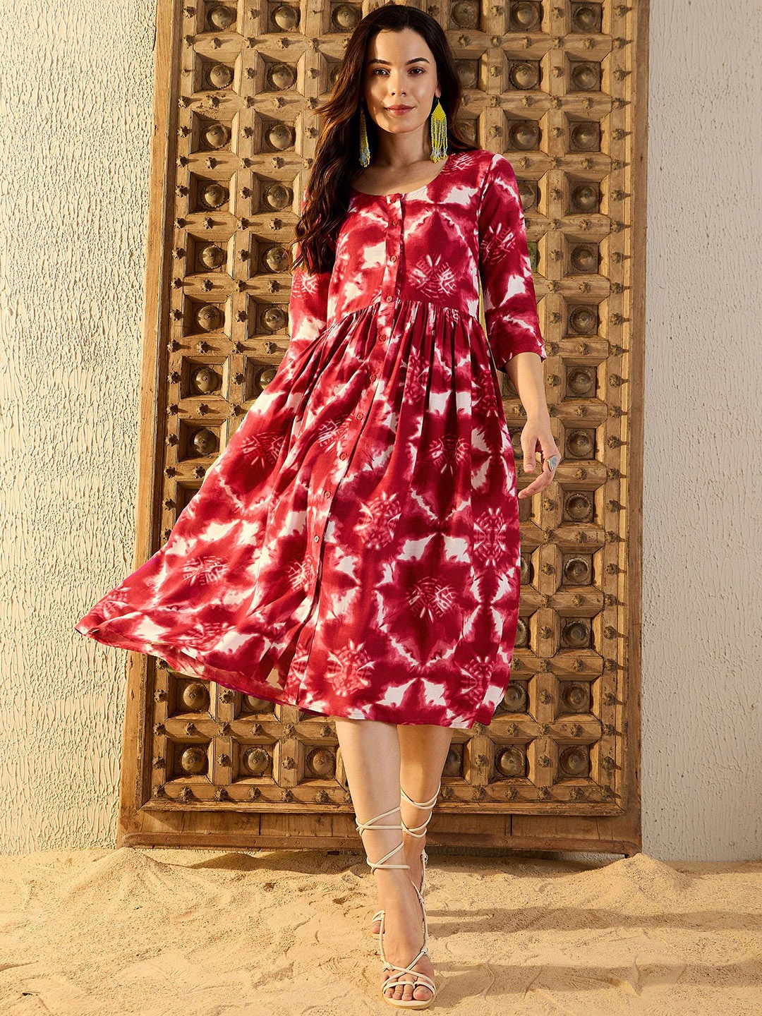 

MABISH by Sonal Jain Tie and Dye Print Front button A-Line Midi Dress, Maroon