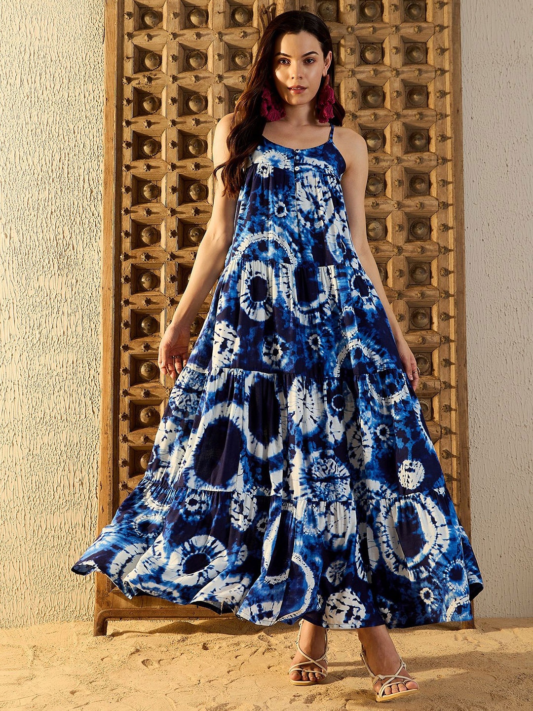 

MABISH by Sonal Jain Tie and Dye Print Shoulder Straps Layered Maxi Dress, Blue