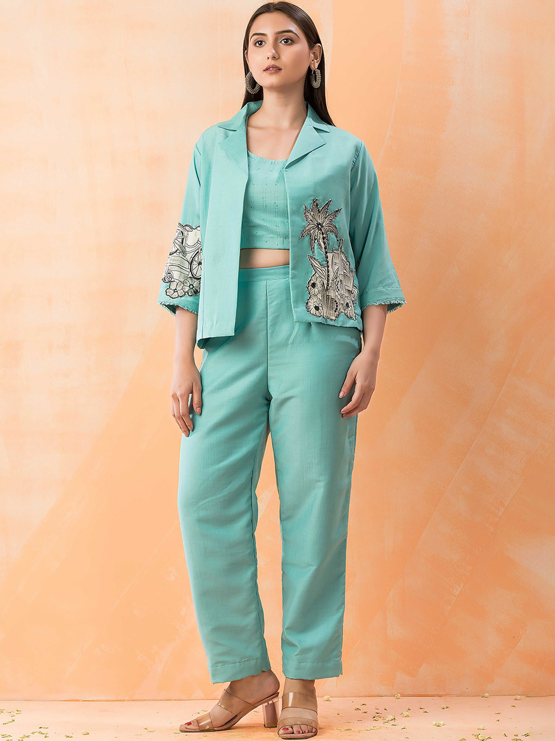 

SACRED SUTA Embroidered Crop Top With Jacket With Trousers, Sea green