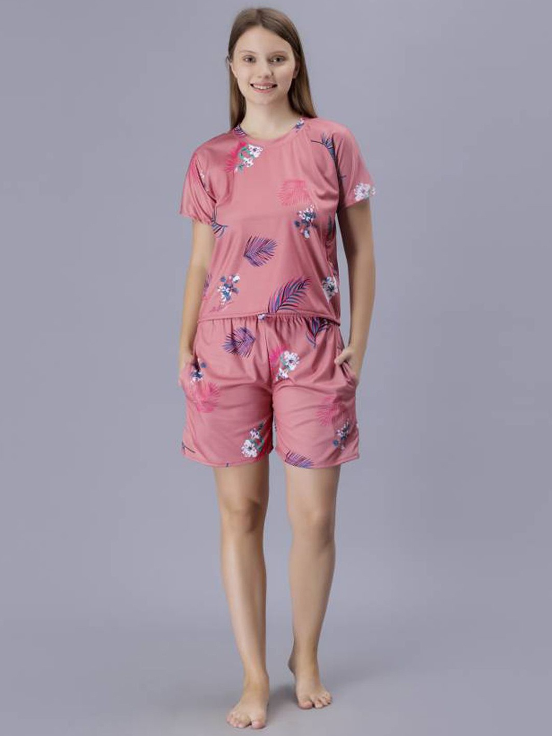 

Softwrap Floral Printed Pure Satin T-shirt With Shorts, Peach