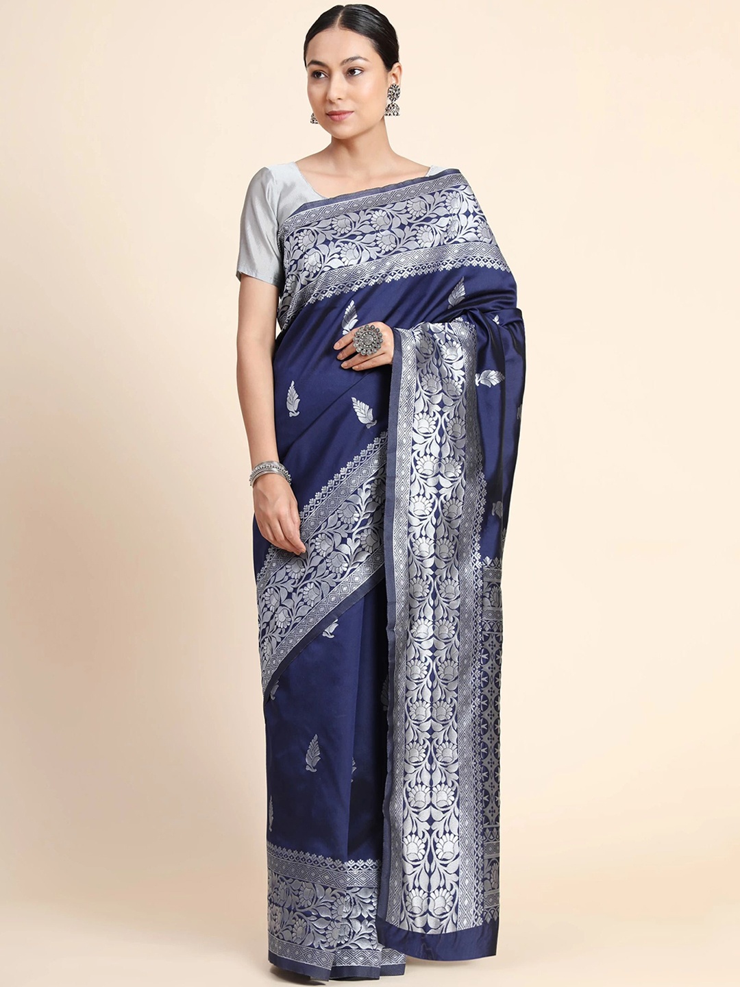 

S.K.C Ethnic Woven Design Zari Pure Silk Saree, Navy blue