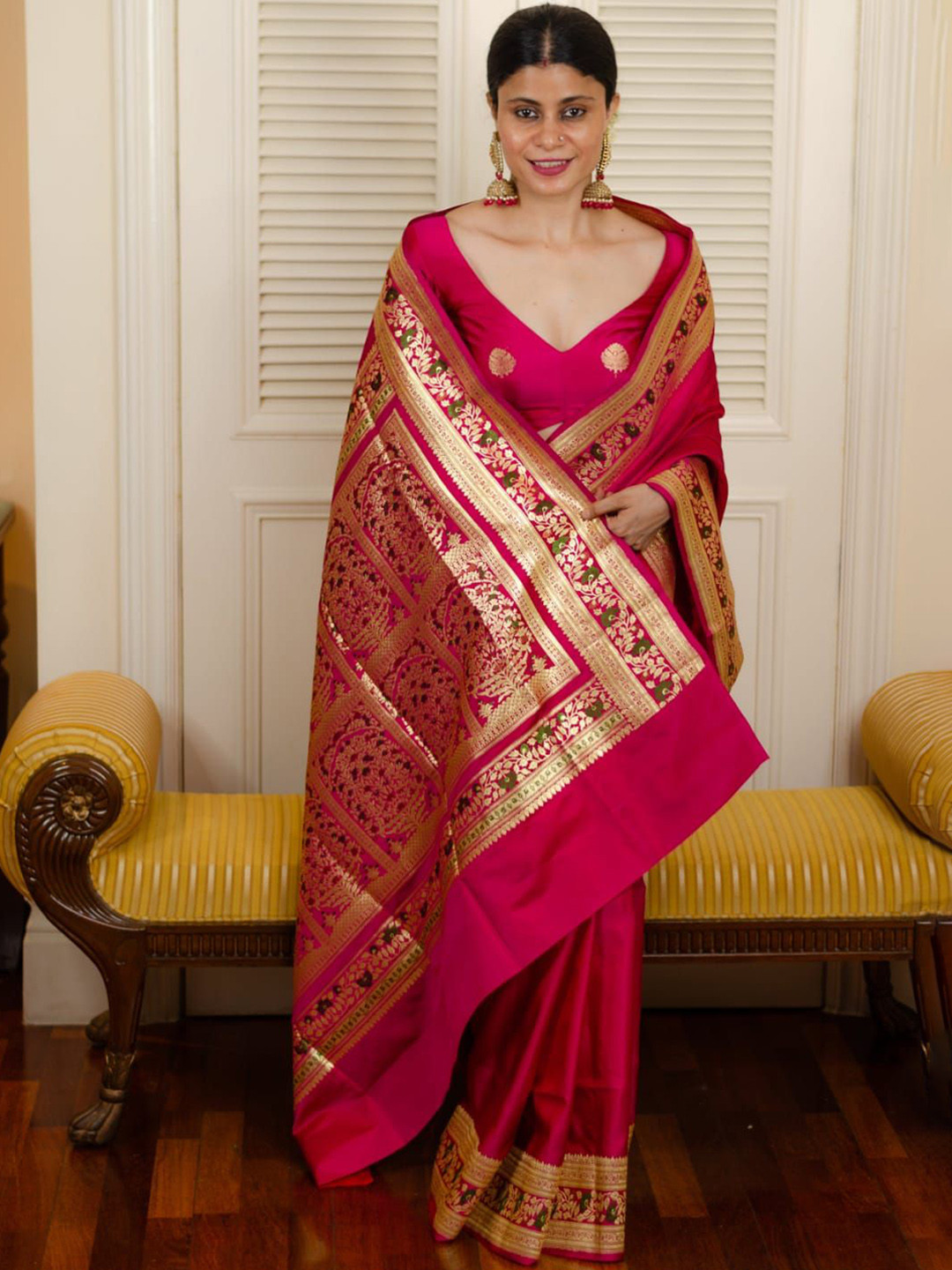 

S.K.C Ethnic Woven Design Zari Pure Silk Banarasi Saree, Pink