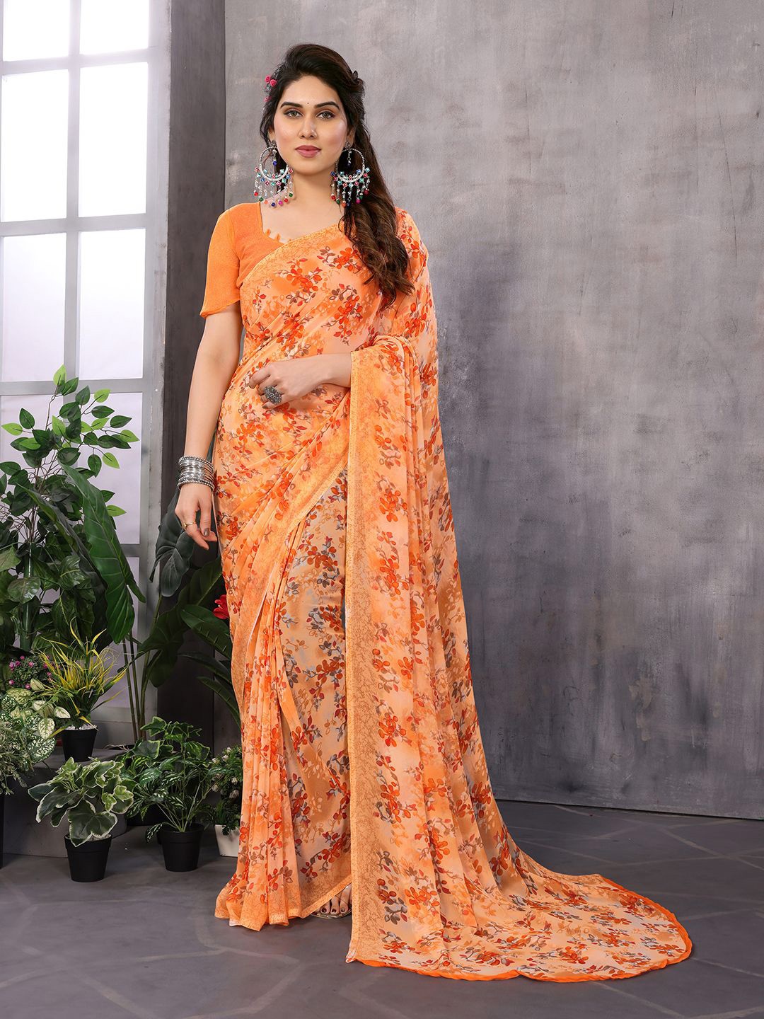 

ANAND SAREES Floral Pure Georgette Saree, Orange
