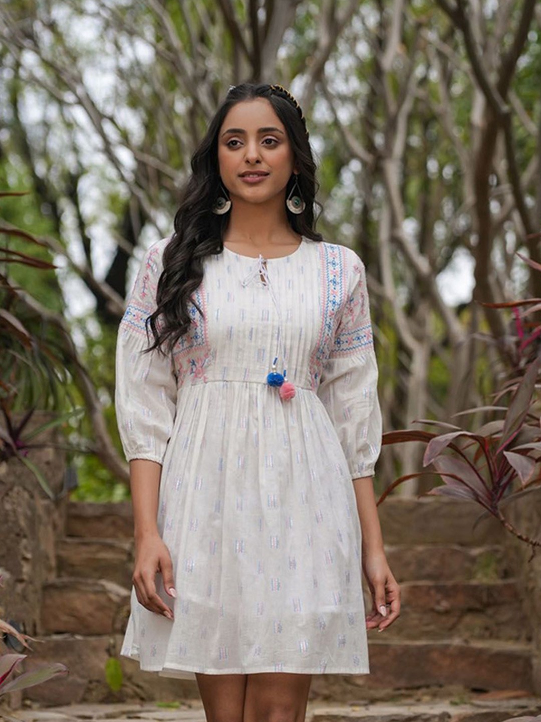 

FASHION DWAR Embroidered Cotton A-Line Dress, Pink