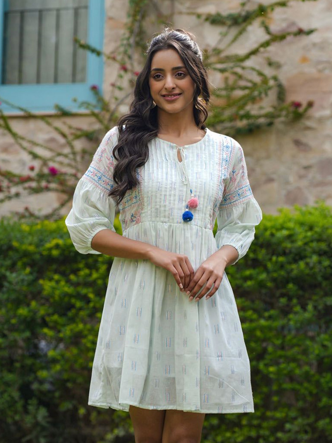 

FASHION DWAR Embroidered Cotton A Line Dress, Green
