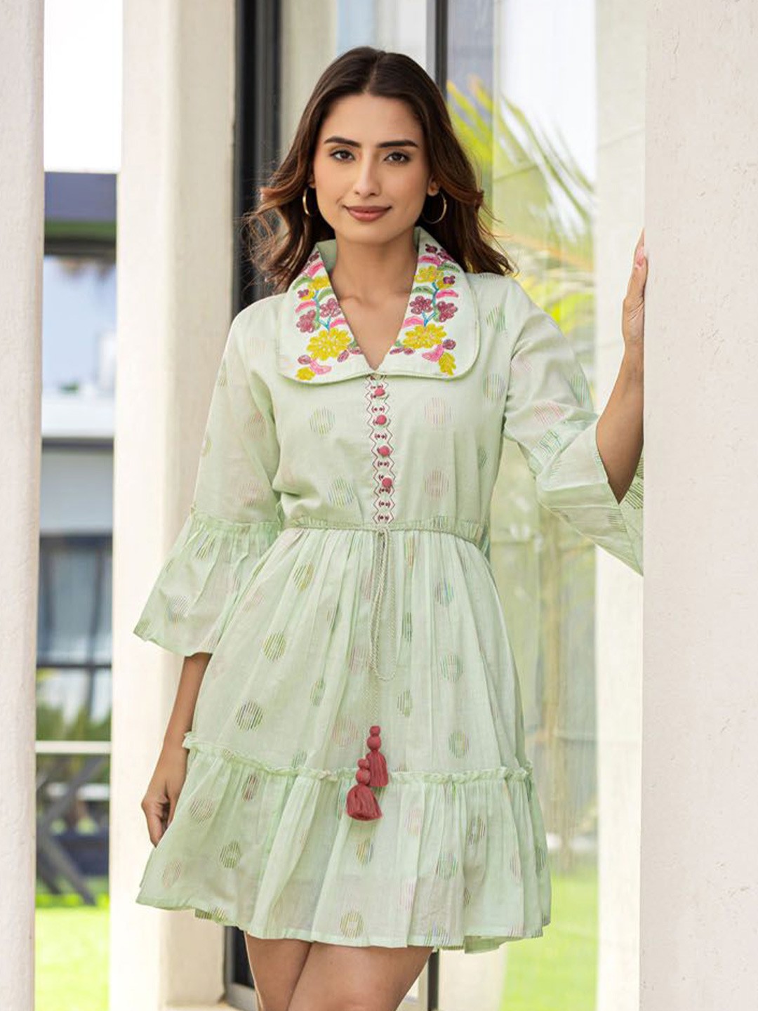 

FASHION DWAR Bell Sleeves Floral Embroidered Cotton A-Line Dress, Green