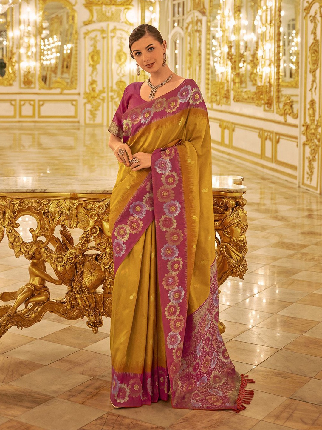 

elora Woven Design Zari Banarasi Saree, Mustard