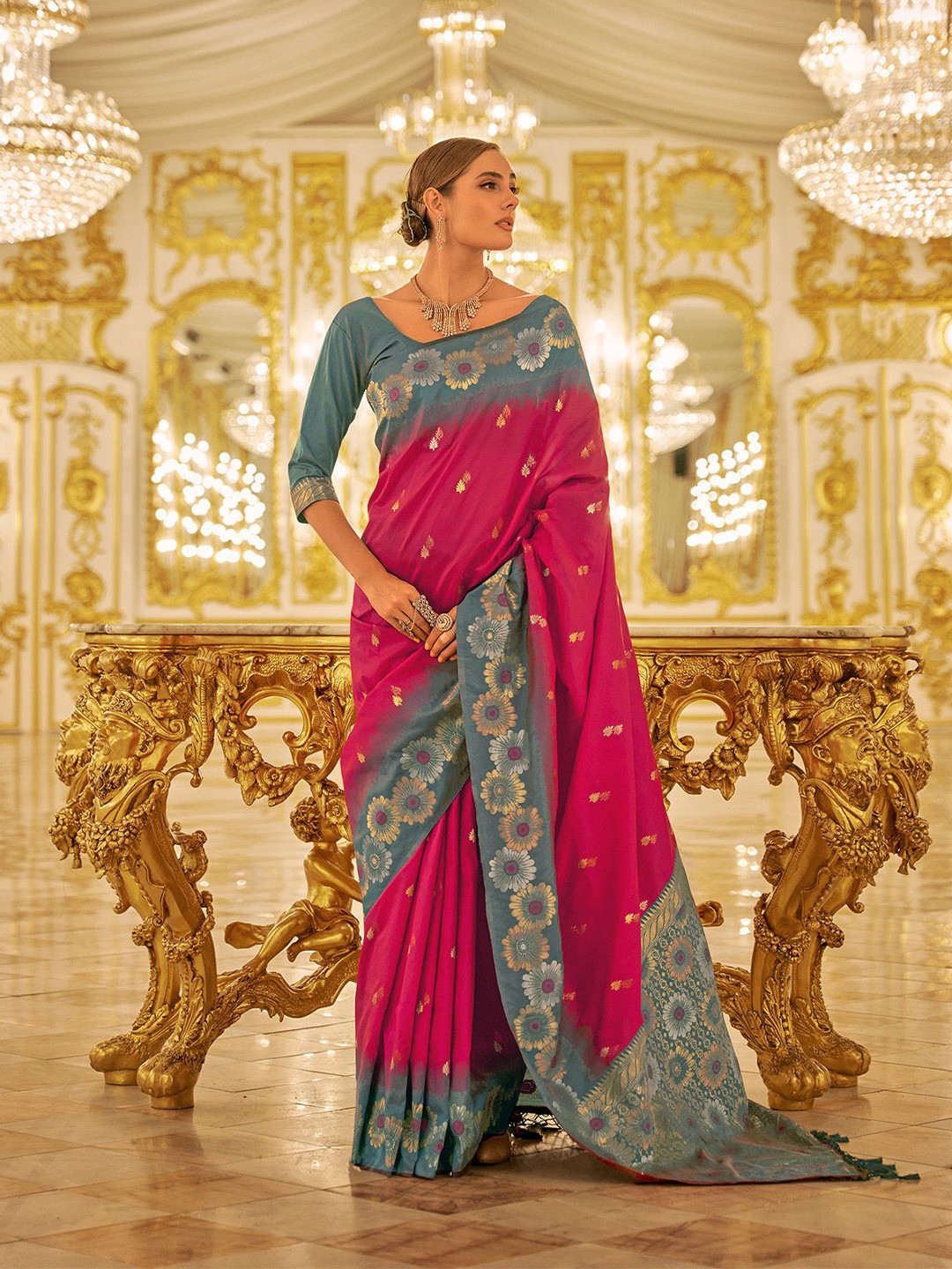 

elora Woven Design Banarasi Saree, Pink