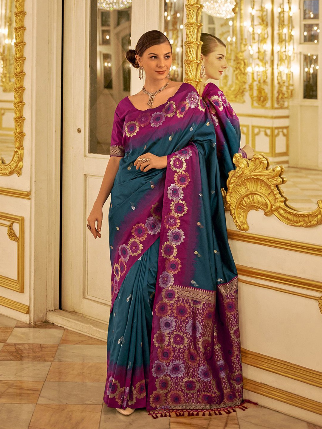 

elora Woven Design Banarasi Saree With Blouse Piece, Teal