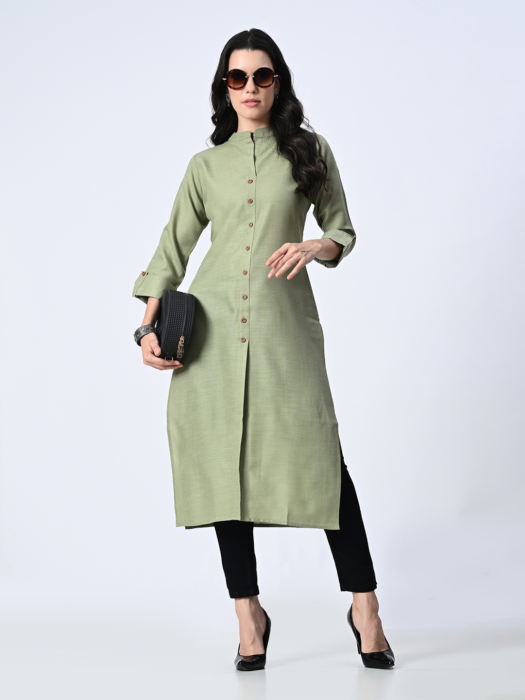 

FRENY FASHION Women Solid Mandarin Collar A-Line Kurta, Green